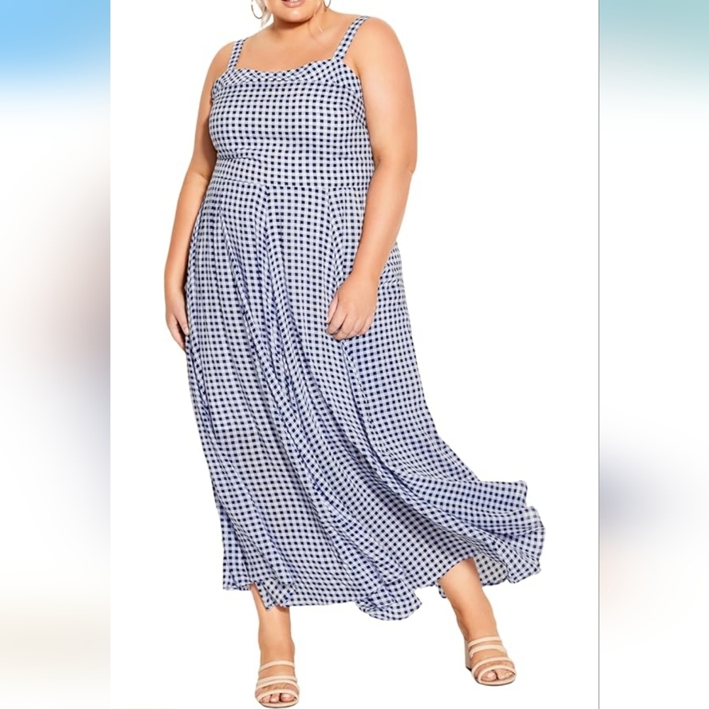 City Chic Picnic Check Lace Bodice Maxi Dress - navy